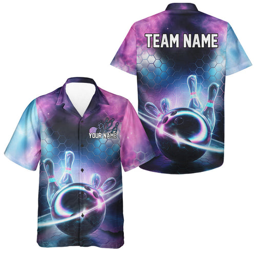 Custom Galaxy Bowling Team Unisex Hawaiian Shirts, Holographic Bowling Jersey Bowling League Shirt IPHW8904