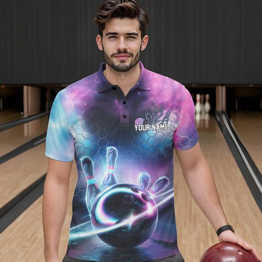 Custom Galaxy Bowling Team Men Polo Shirts, Holographic Bowling Jersey Bowling League Shirt IPHW8904
