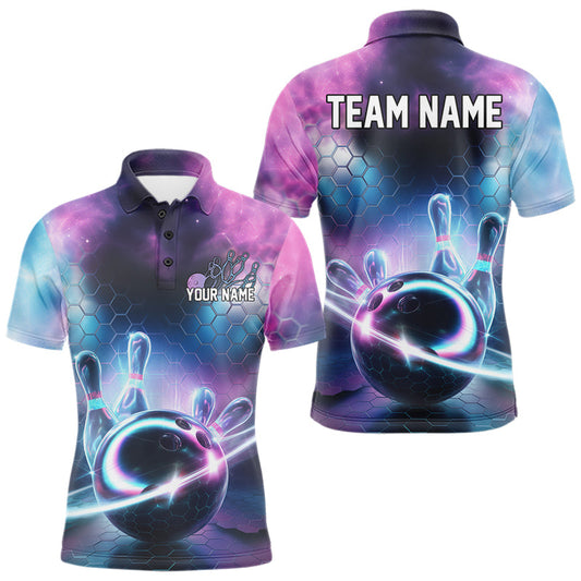 Custom Galaxy Bowling Team Men Polo Shirts, Holographic Bowling Jersey Bowling League Shirt IPHW8904