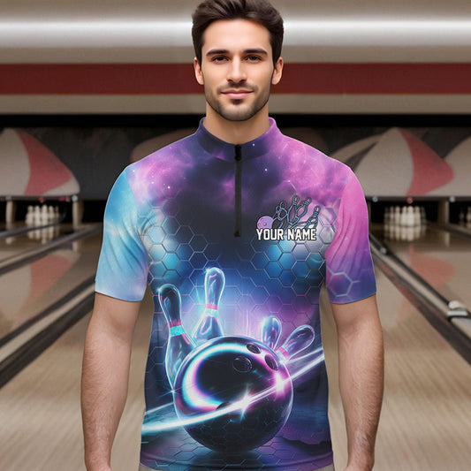Custom Galaxy Bowling Team Men Quarter-Zip Shirts, Holographic Bowling Jersey Bowling League Shirt IPHW8904