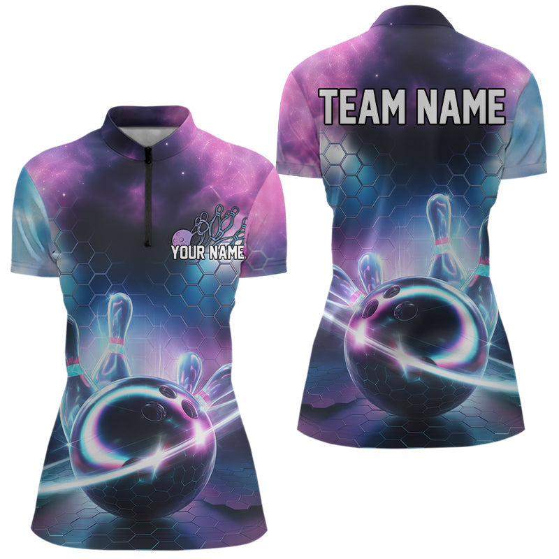 Custom Galaxy Bowling Team Women Quarter-Zip Shirts, Holographic Bowling Jersey IPHW8904
