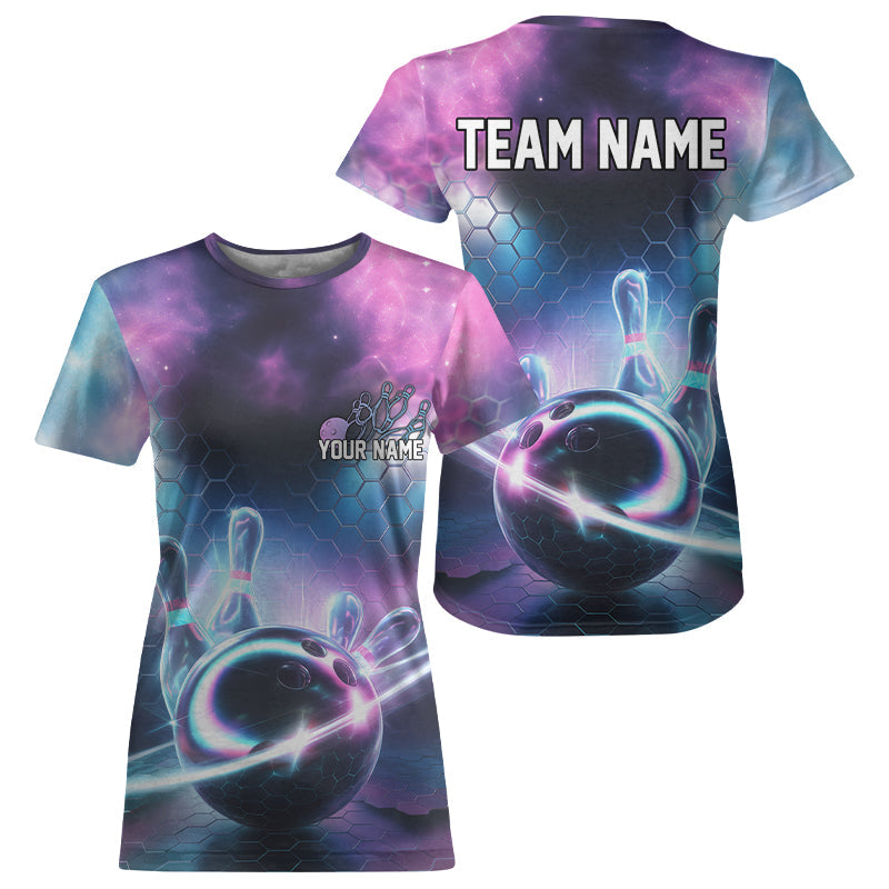 Custom Galaxy Bowling Team Women T-Shirts, Holographic Bowling Jersey Bowling League IPHW8904