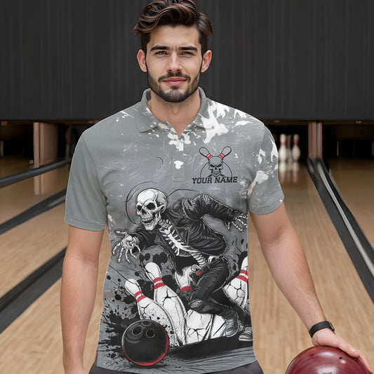 Custom Rock Style Skull Bowling Polo Shirts For Men, Funny Skeleton Bowlers Outfit IPHW8906
