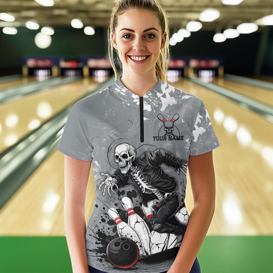 Custom Rock Style Skull Bowling Quarter-Zip Shirts For Women, Funny Skeleton Bowlers Outfit IPHW8906