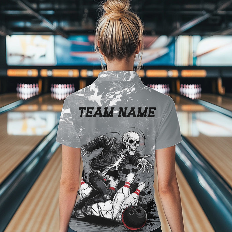 Custom Rock Style Skull Bowling Quarter-Zip Shirts For Women, Funny Skeleton Bowlers Outfit IPHW8906