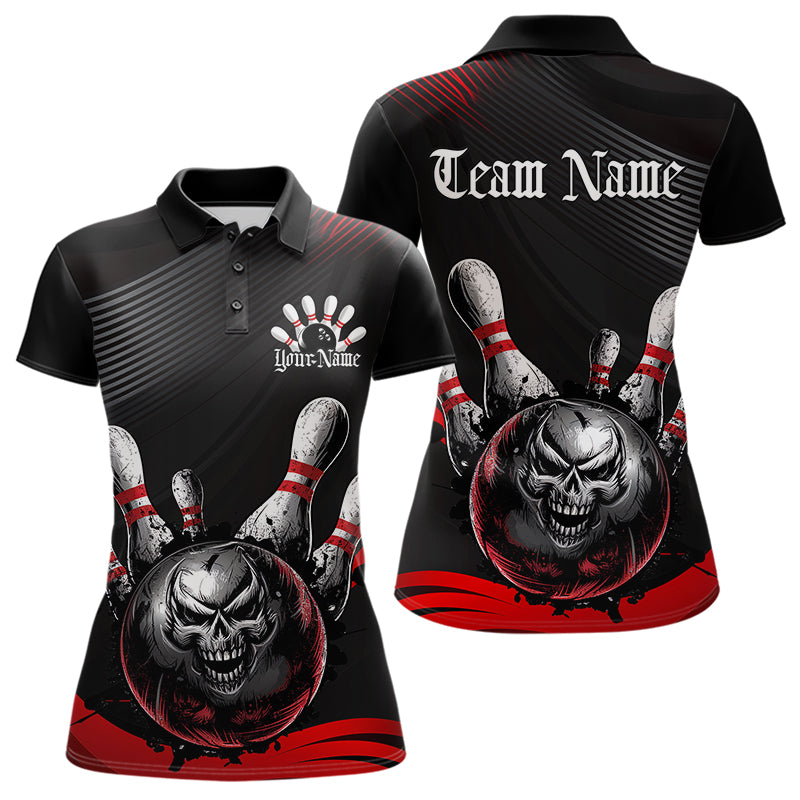 Custom Black And Red Grunge Style Skull Bowling Polo Shirts For Women, Bowling Team Uniform IPHW8907