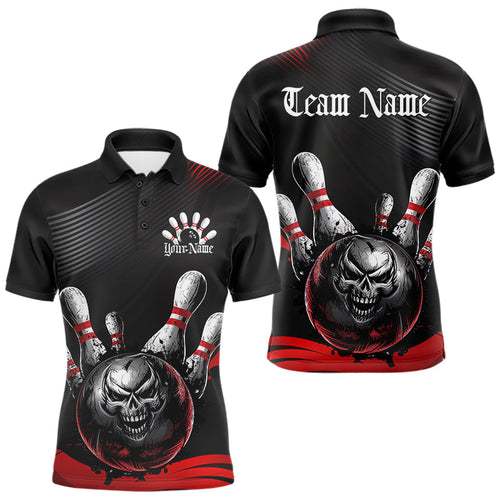 Custom Black And Red Grunge Style Skull Bowling Polo Shirts For Men, Bowling Team Uniform IPHW8907
