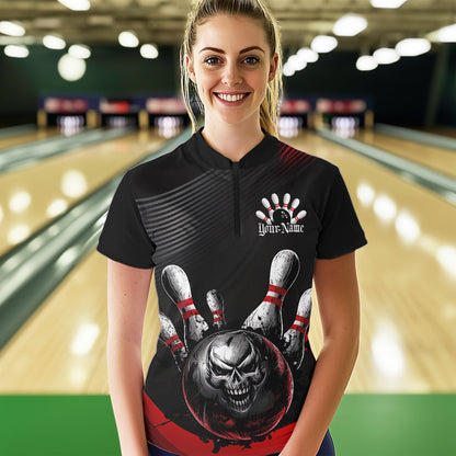 Custom Black And Red Grunge Style Skull Bowling Quarter-Zip Shirts For Women Team Uniform IPHW8907