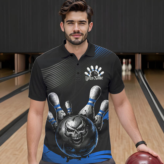 Custom Black And Blue Grunge Style Skull Bowling Polo Shirts For Men, Bowling Team Uniform IPHW8908
