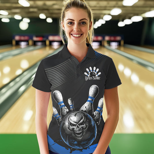 Custom Black And Blue Grunge Style Skull Bowling Polo Shirt For Women, Bowling Team Uniform IPHW8908