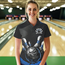 Load image into Gallery viewer, Custom Black And Blue Grunge Style Skull Bowling Polo Shirt For Women, Bowling Team Uniform IPHW8908
