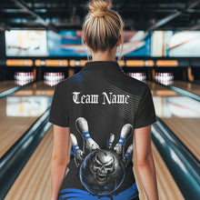 Load image into Gallery viewer, Custom Black And Blue Grunge Style Skull Bowling Polo Shirt For Women, Bowling Team Uniform IPHW8908
