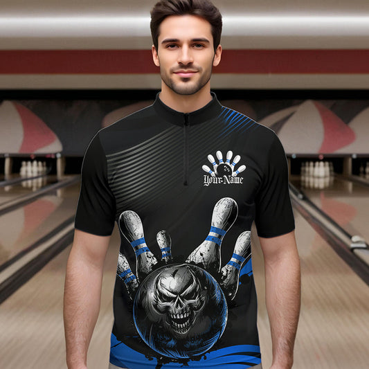 Custom Black And Blue Grunge Style Skull Bowling Quarter-Zip Shirts For Men, Bowling Team Uniform IPHW8908