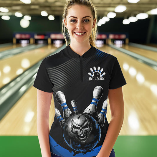 Custom Black And Blue Grunge Style Skull Bowling Quarter-Zip Shirts For Women, Team Uniform IPHW8908