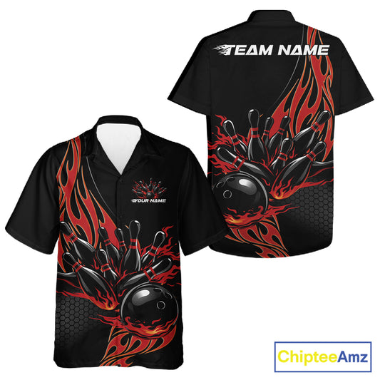 Front and back view of a black button-up bowling shirt mockup showcasing red flaming black bowling ball striking pins dynamic sports visuals.