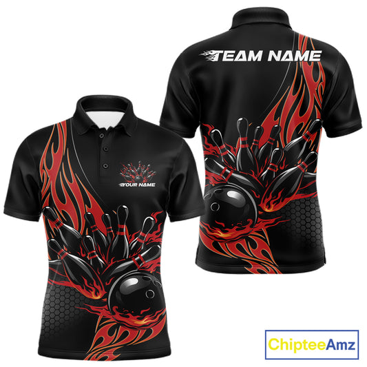 Front and back view of a mens black polo shirt mockup featuring a red flaming black bowling ball striking pins with dynamic bowling action graphics.