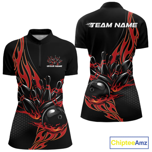 Womens quarter zip bowling shirt mockup, black shirt with red flaming black bowling ball striking pins bold dynamic design