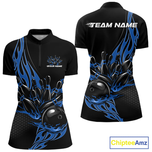 Womens quarter zip bowling shirt mockup, black base featuring blue flaming black bowling ball striking pins dynamic artwork
