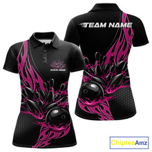 Load image into Gallery viewer, Front and back view mockup of a women’s black polo shirt featuring a pink flaming black bowling ball striking pins in a bold and vibrant sports design.
