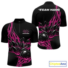 Load image into Gallery viewer, Custom Pink Flame Bowling Men Quarter-Zip Shirt, Team Jerseys Bowling League Shirt IPHW11284