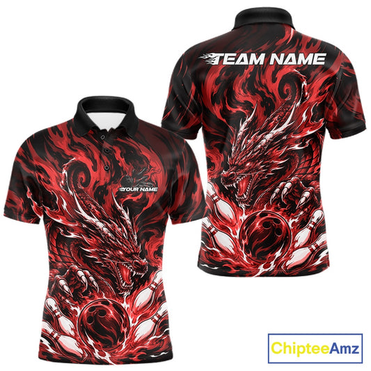 Custom bowling shirt featuring red dragon, fiery abstract graphics, bowling pins, a bowling ball, front name personalization, and back team name.

