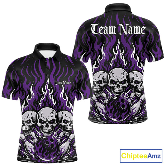 Personalized black-and-Purple bowling polo with dramatic flame patterns, three skulls, bowling pins, a front chest name, and ornate team name lettering on the back.
