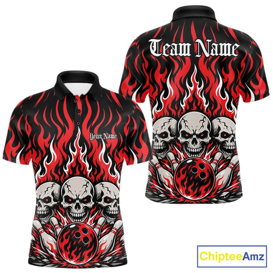 Personalized black-and-Red bowling polo with dramatic flame patterns, three skulls, bowling pins, a front chest name, and ornate team name lettering on the back.
