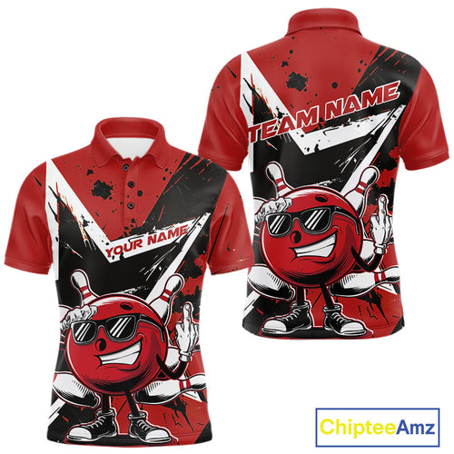 Custom Black And Red Star Funny Bowling Polo Shirts For Men, Bowling Tournament Shirt IPHW9358