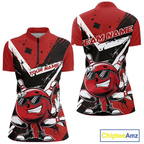 Custom Black And Red Star Funny Bowling Women Quarter-Zip Shirt, Bowling Tournament Shirt IPHW9358