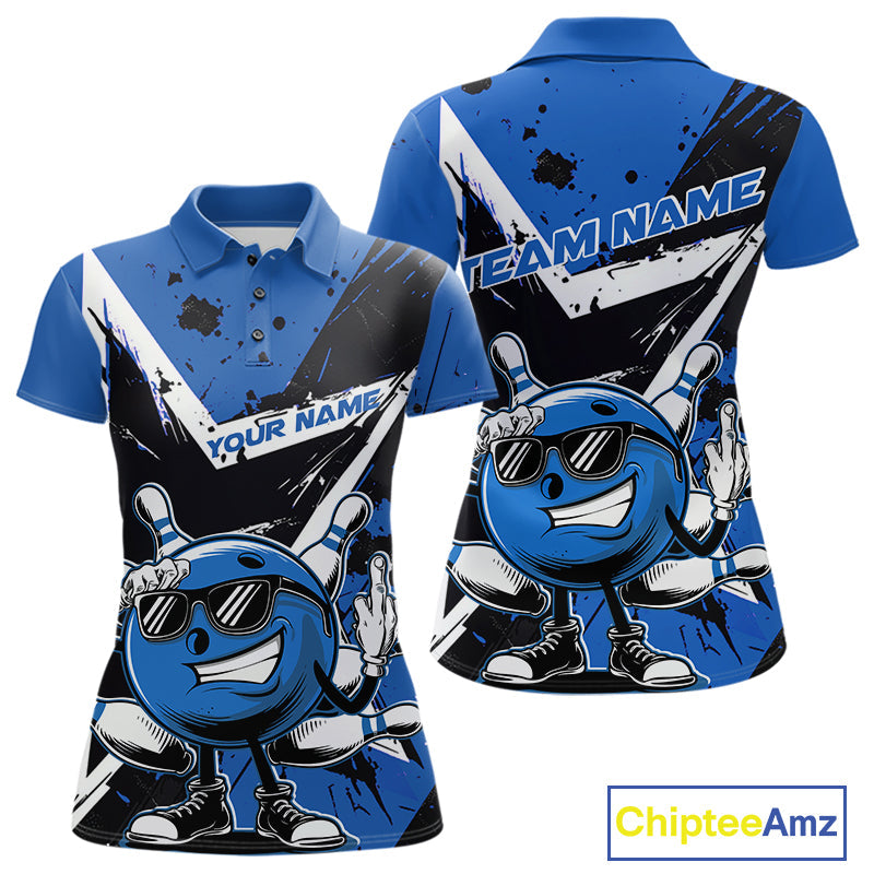 Custom Black And Blue Star Funny Bowling Polo Shirts For Women, Bowling Tournament Shirt IPHW9359