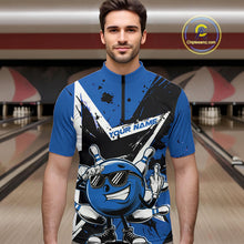 Load image into Gallery viewer, Custom Black And Blue Star Funny Bowling Quarter-Zip Shirts For Men, Bowling Tournament Shirt IPHW9359
