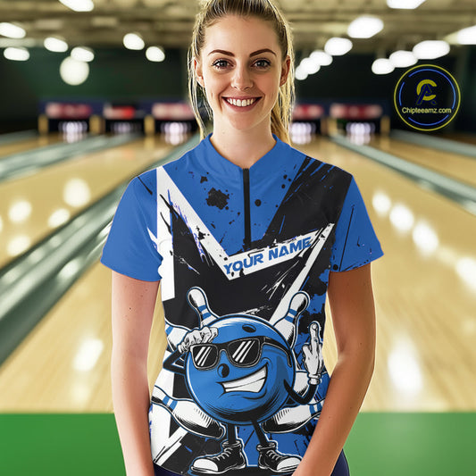 Custom Black And Blue Star Funny Bowling Women Quarter-Zip Shirt, Bowling Team Shirt IPHW9359