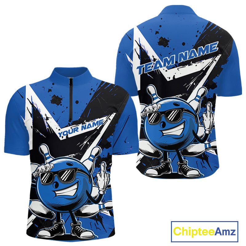 Custom Black And Blue Star Funny Bowling Quarter-Zip Shirts For Men, Bowling Tournament Shirt IPHW9359