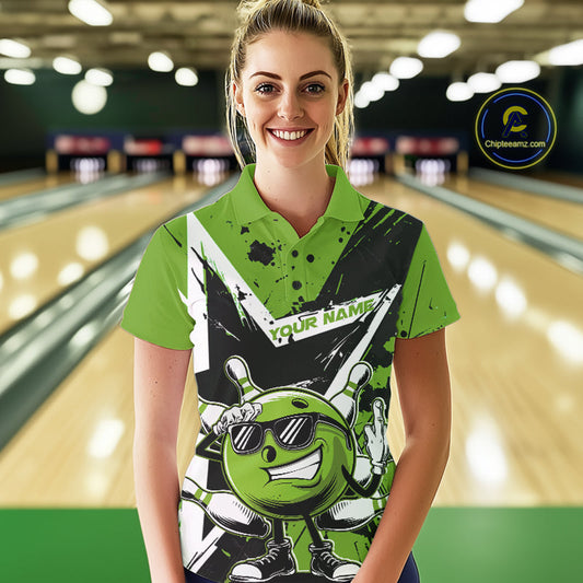 Custom Black And Green Star Funny Bowling Polo Shirts For Women, Bowling Tournament Shirt IPHW9360