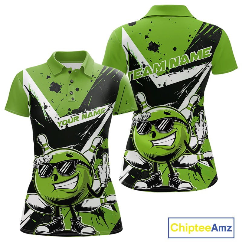 Custom Black And Green Star Funny Bowling Polo Shirts For Women, Bowling Tournament Shirt IPHW9360
