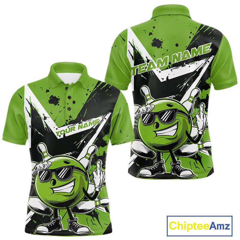 Custom Black And Green Star Funny Bowling Polo Shirts For Men, Bowling Tournament Shirt IPHW9360