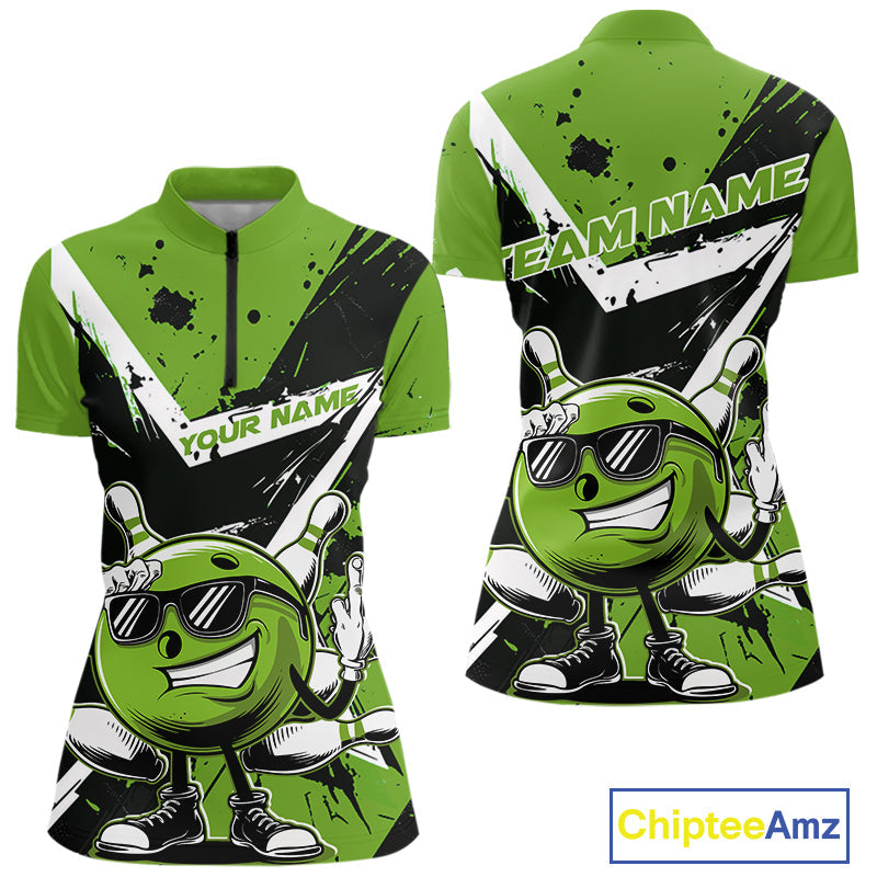 Custom Black And Green Star Funny Bowling Women Quarter-Zip Shirt, Bowling Team Shirt IPHW9360