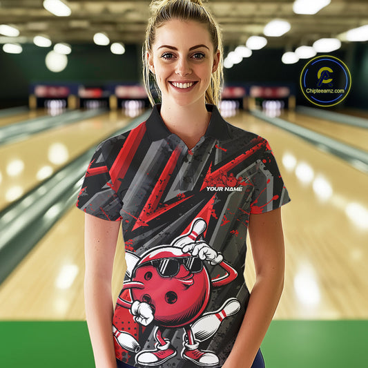 Black And Red Funny Custom Bowling Jerseys, Cool Bowling Polo Shirts For Women IPHW9361