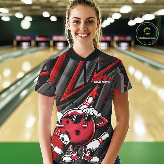 Black And Red Funny Custom Bowling Jerseys, Cool Bowling Quarter-Zip Shirts For Women IPHW9361