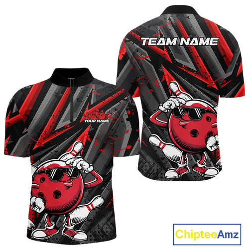 Black And Red Funny Custom Bowling Jerseys, Cool Bowling Quarter-Zip Shirts For Men IPHW9361