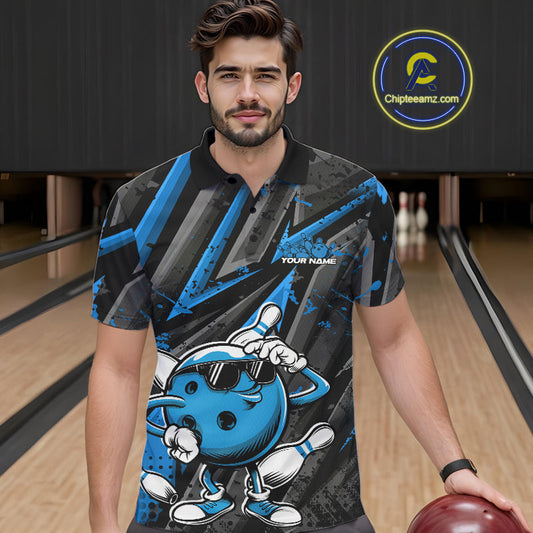 Black And Blue Funny Custom Bowling Jerseys, Cool Bowling Polo Shirts For Men IPHW9362