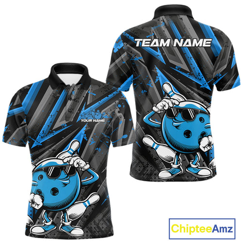 Black And Blue Funny Custom Bowling Jerseys, Cool Bowling Polo Shirts For Men IPHW9362