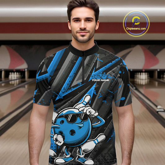 Black And Blue Funny Custom Bowling Jerseys, Cool Bowling Quarter-Zip Shirts For Men IPHW9362