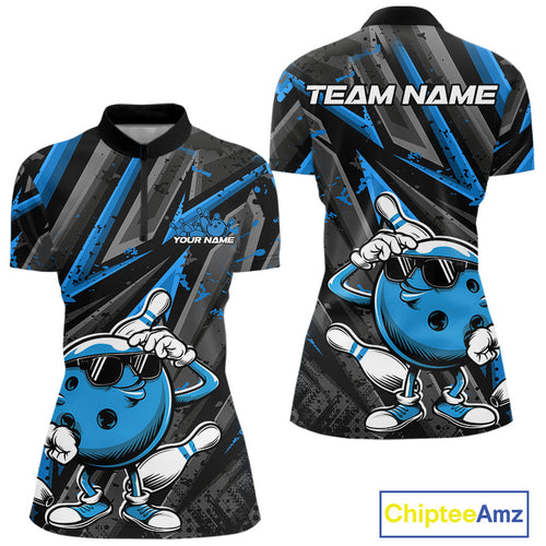 Black And Blue Funny Custom Bowling Jerseys, Cool Bowling Quarter-Zip Shirts For Women IPHW9362