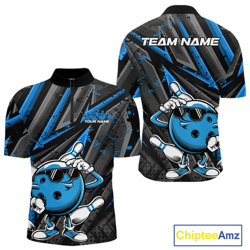 Black And Blue Funny Custom Bowling Jerseys, Cool Bowling Quarter-Zip Shirts For Men IPHW9362