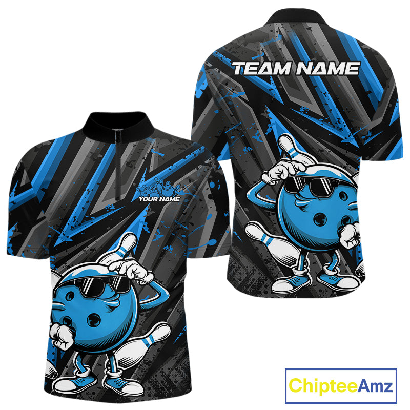 Black And Blue Funny Custom Bowling Jerseys, Cool Bowling Quarter-Zip Shirts For Men IPHW9362