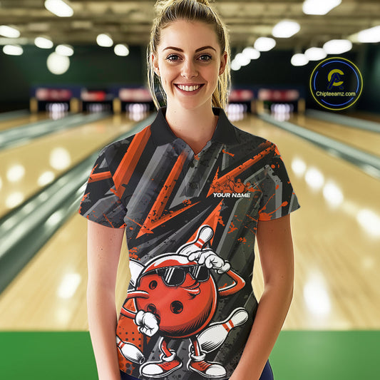 Black And Orange Funny Custom Bowling Jerseys, Cool Bowling Polo Shirts For Women IPHW9363
