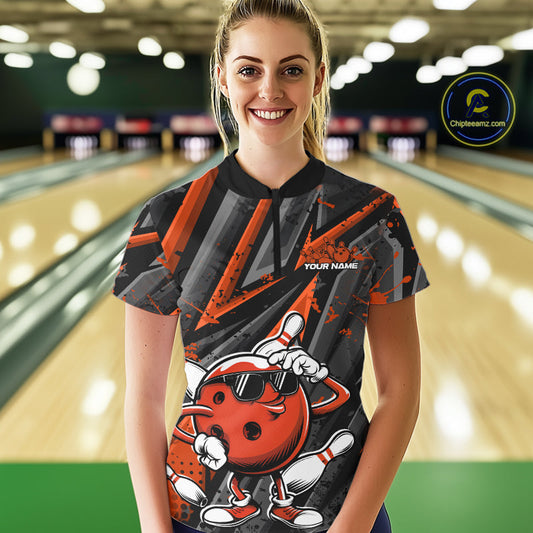 Black And Orange Funny Custom Bowling Jerseys, Cool Bowling Quarter-Zip Shirts For Women IPHW9363