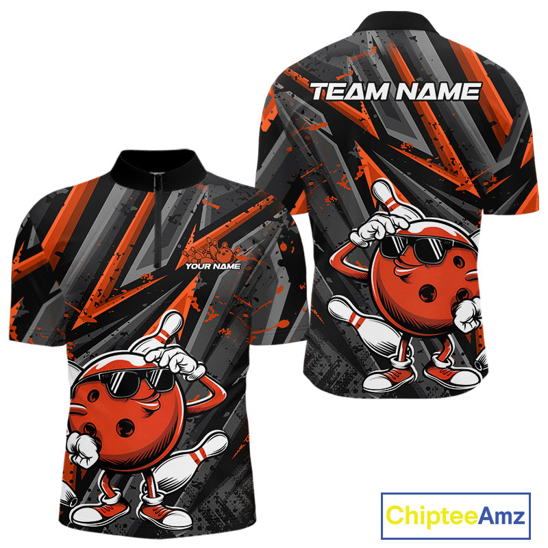 Black And Orange Funny Custom Bowling Jerseys, Cool Bowling Quarter-Zip Shirts For Men IPHW9363