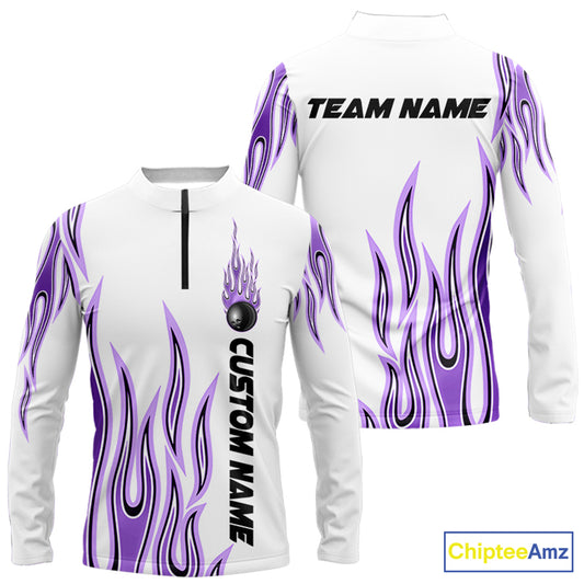 Personalized Flame Bowling Long Sleeve Quarter-Zip Shirts For Men, Bowling Ball Custom Team Shirt IPHW4986